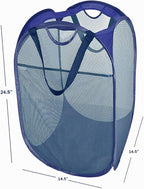 [Reinforced] Strong Mesh Pop-up Laundry Hamper, Quality Collapsible Laundry Basket with Durable Handles Solid Bottom High Carbon Steel Frame, Easy to Open and Fold Flat for Storage(Blue)