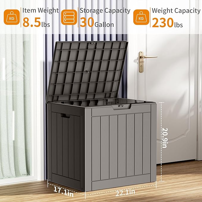 30 Gallon Resin Deck Box Outdoor Storage Box for Patio Furniture,Outdoor Cushions,Garden Tools and Pool Supplies,Waterproof,Lockable(Grey,30Gallon)