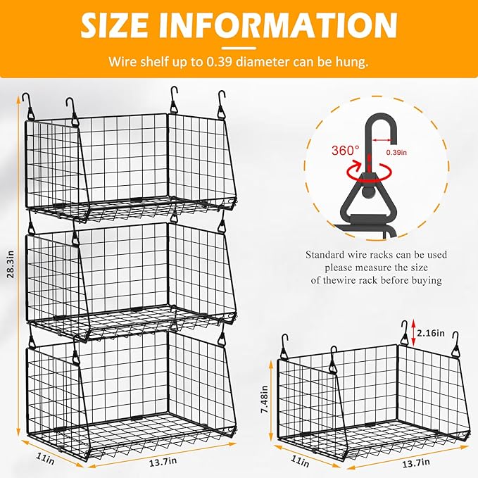 3-Pack Under Shelf Hanging Baskets - Space Saving Pantry Shelf Organizer with 360° Rotating Hooks for Kitchen Storage, Foldable Small Space Solutions for Pantry Utility Closet Garage, Black