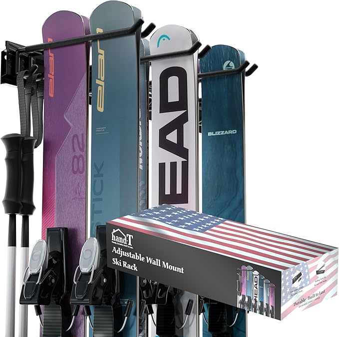 USA Based Ski Rack Wall Mount, Holds 6 Pairs for Ski Storage Rack, Snowboard Hanger & Ski Holders for Wall Storage Racks for Garage, Ski Hangers for Wall Holds Up to 75lbs, 3 Hooks Black