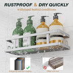 Adhesive Shower Caddy, 3 Pack Shower Shelves with Soap Holder and 12 Hooks, Rustproof No Drilling Bathroom Organizer and Storage, Silver