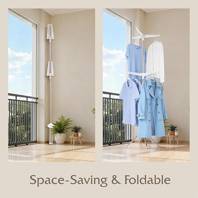 Beaudaily Clothes Drying Rack, Foldable 74.8-Inch Laundry Drying Rack, Indoor 2 Tier Drying Rack Clothing with Rotatable Arms, Stainless Steel, Holds 54 Pieces, Space Saving, White and Silver