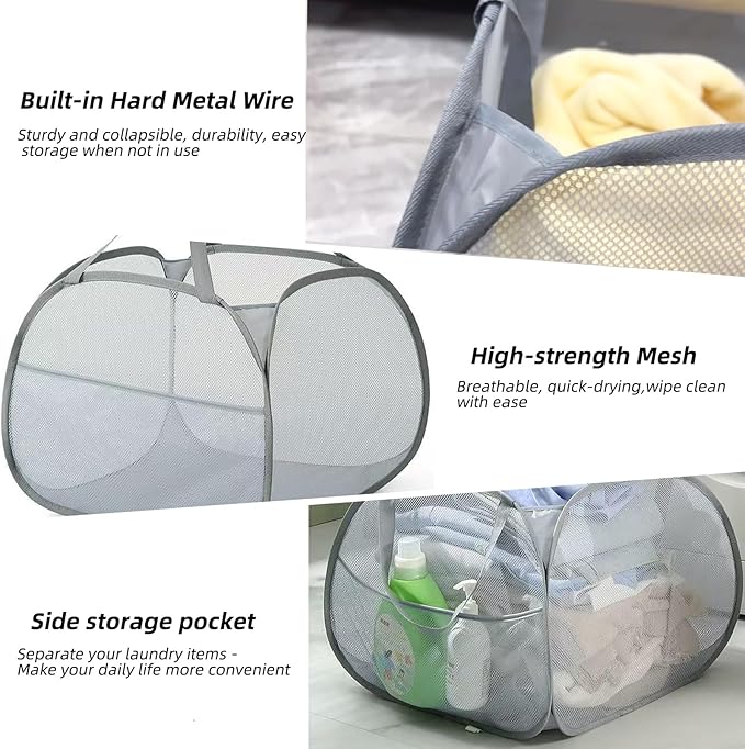 Collapsible Laundry Basket 90L, Foldable Mesh Pop-up Laundry Hamper with Handles, Dirty Clothes Hamper for Laundry with Side Storage Pocket(Gray, 2PCS)