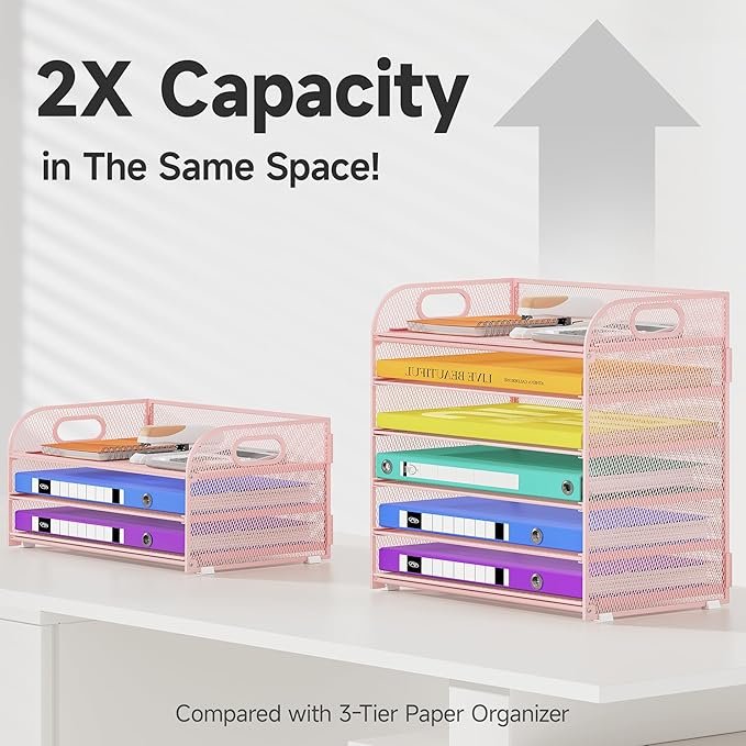 6 Tier Paper Organizer, Pink Letter Tray with Handle, Mesh Desk Organizer, Metal File Organizer, Office Desk Accessories for Home, Office, Classroom, School