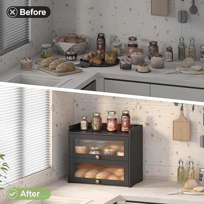 Large Bread Box for Kitchen Countertop Wooden Double Layer Breadbox Organizer with Window Vintage Farmhouse Bread Storage Container for Homemade Bread (Black)