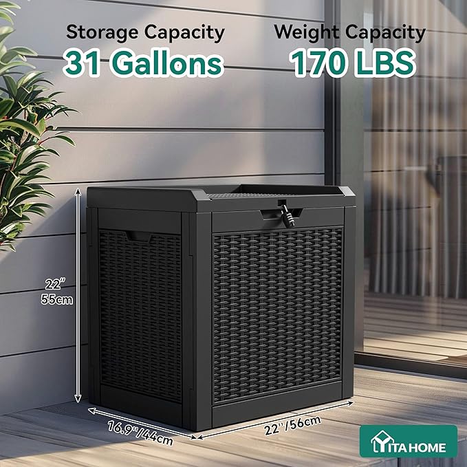 YITAHOME 32 Gallon Outdoor Storage Box, Water Resistant Resin Deck Box, Indoor Outdoor Lockable Storage Container for Patio, Garden, Cushions, Tools, Equipment (Black)