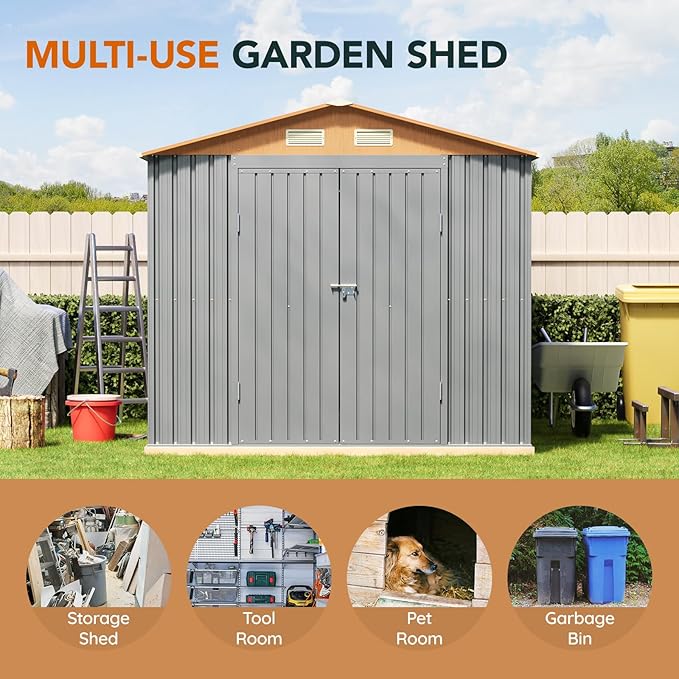 10×8FT Metal Shed & Outdoor Storage Shed with Floor Frame,Steel Tool Multi-used Shed with Vents,Lockable Doors,Window,Compact Tool Shed for Backyard, Patio, Lawn and Garden Various Storage(Matte Gray)