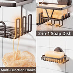 KEGII Suction Cup Shower Caddy – 3 Pack Suction Cup Shelf with Soap Holder & Hooks, Rustproof Stainless Steel Shower Organizer, Removable No Drilling Bathroom Storage Rack, Bronze