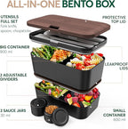 Umami Premium Lunch Box Containers w/ 4 Utensils, 2 Sauce Jars, Nestable Space-Saving Bento Box Adult, 100% Leakproof, Microwavable Lunch Containers for Adults, Walnut Black, 50 oz