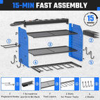 Power Tool Organizer with Charging Station, Heavy Duty 4 Layer Drill Holder Wall Mount Garage Shelf Rack with 6 Outlet Power Strip, Tool Shelf with Hooks, Drill Bit Rack for Garage, Blue