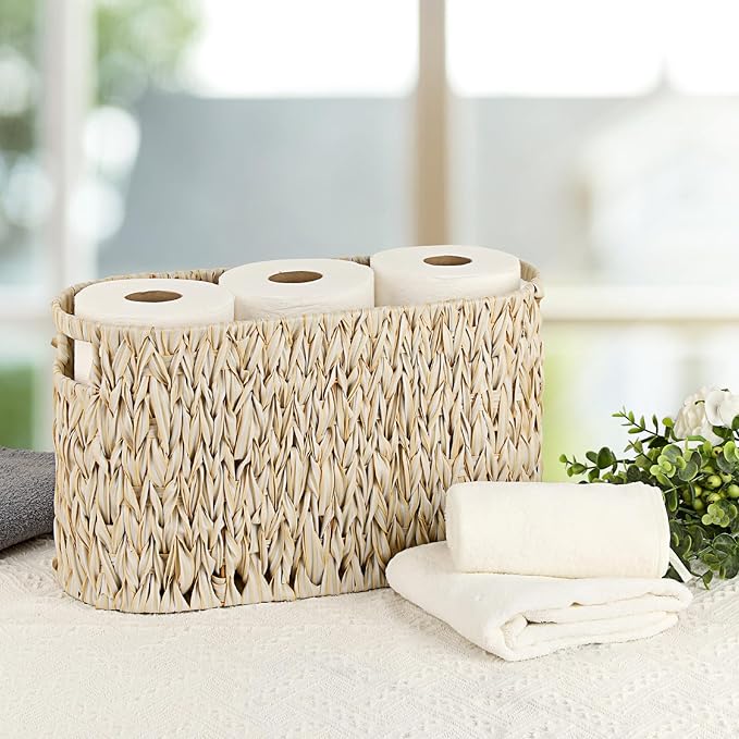 Sumnacon Toilet Paper Storage Basket Freestanding, Woven Toilet Paper Holder Stand with Handle, Decorative Narrow Bathroom Baskets Sturdy Plastic Organizer Bin for Tissue Rolls, Toiletries, Towels