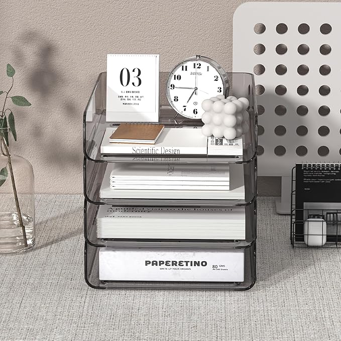 4-Tier Acrylic Paper Tray Organizer | Clear Stackable Desk Organizer for Documents, Letters, A4 Paper | Modern Office/Classroom/Home Organization,Brown