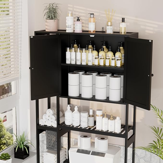 Bamboo Over The Toilet Storage, Above Toilet Organizer Storage Shelf Stand, Tall Freestanding Behind Toilet Rack, Tiered Bathroom Space Saver Shelving, Easy Assembly (Black)