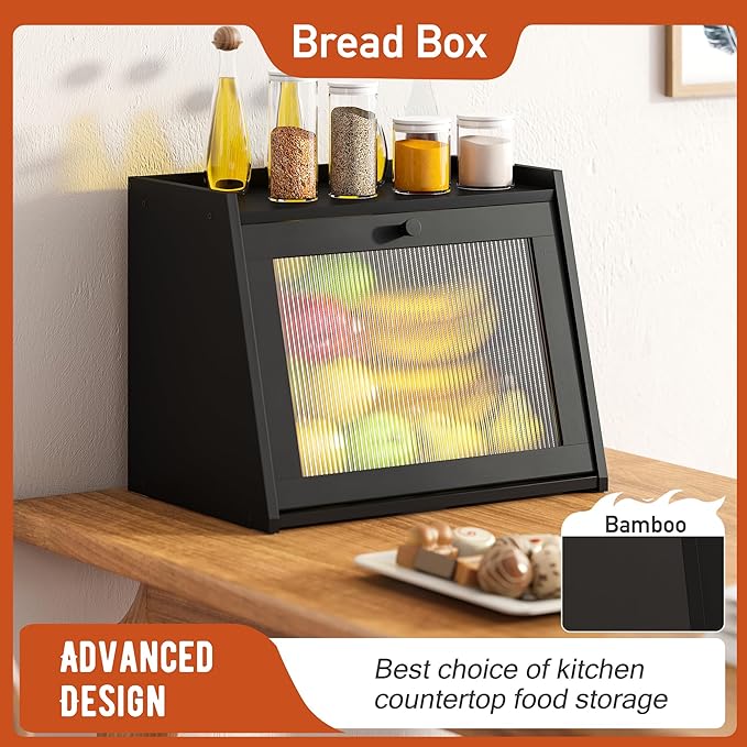 GHWIE Large Bread Box, Easy Access & Cleaning - Bamboo Bread Box for Kitchen Countertop with Acrylic Door (Black, Large)