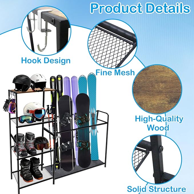 Freestanding Ski Rack for Garage - Ski Holders for 4 Pairs of Skis, Boots, Poles, Goggles, Helmets & Gear, Steel Floor Stand Ski Organizer for Garage, Shed, Basement