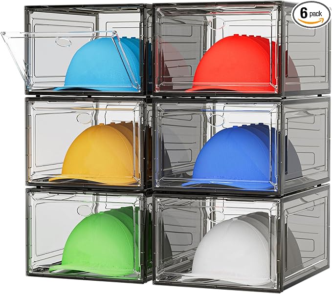 YKLSLH Hat Organizer Box, 6 Boxes for 40 Pack Hats, Upgrade Harder Solid Plastic Hat Organizer for Baseball Caps, Clear Hat Storage with Magnetic Door, Hat Rack Holder Case, Black