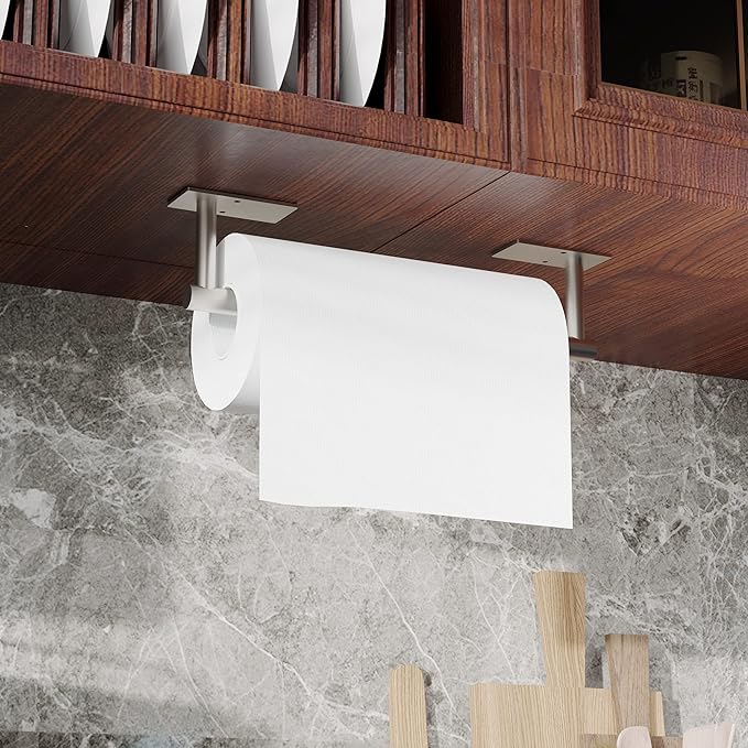 RUACQ Paper Towel Holder Under Cabinet, Wall Mounted or Adhesive Stainless Steel Paper Towel Holder,Square Base Paper Towel Rack for Kitchen, RV, Bathroom (Brushed Nickel)