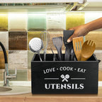 Kitchen Utensil Holder with 3 Compartments, Rustic Wooden Storage Organizer Box Vintage Cutlery Farmhouse Flatware Utensil Caddy Countertop for Silverware Fork Spoon Spatula