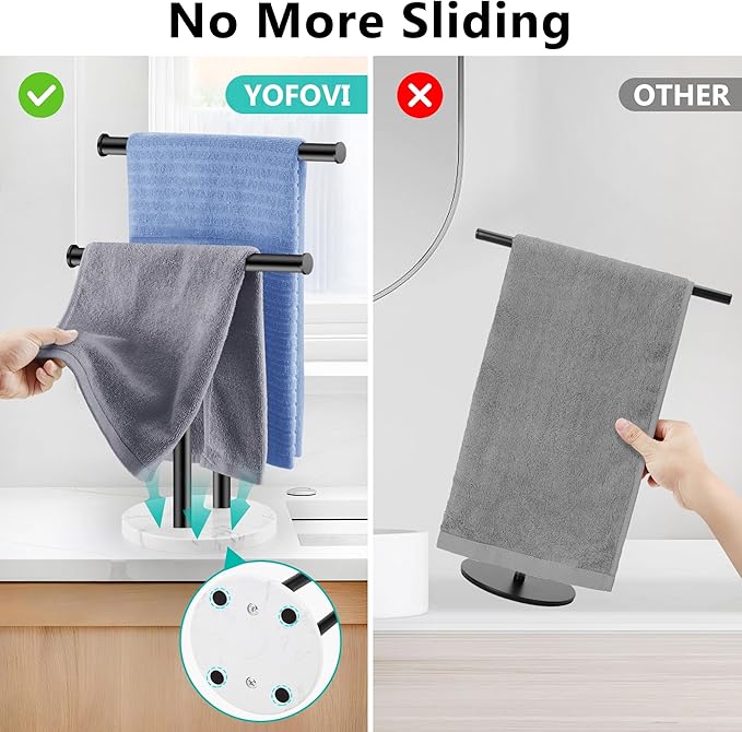 Hand Towel Holder for Bathroom Countertop, 17 Inch Tall T-Shape 2 Tier Towel Rack Stand with Heavy Marble Base, Free Standing Rustproof Double Tiered Kitchen Towel Drying Organizer, Black, YOFIVI