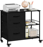 ZENY Lateral File Cabinet with 3 Drawers, Mobile File Cabinet Printer Stand, Rolling Fabric Lateral Filing Cabinet for Office Home Small Space (Black)