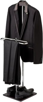 MyGift Brown Wood and Metal Valet and Suit Stand, Executive Men's Garment Organizer Rack Coat and Pants Hanger