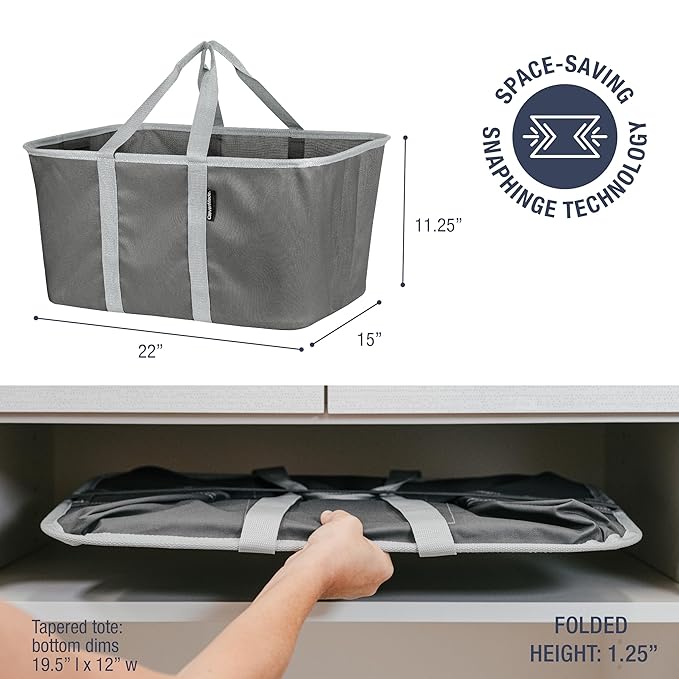 CleverMade Collapsible Laundry Tote 2-Pack (50L) – Foldable Carry-All Storage Bin for Laundry, Car Trunk, RV, Dorm & Home Organization - Charcoal