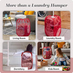 Handy Laundry Collapsible Mesh Pop Up Laundry Hamper with Side Pocket – Breathable, Space-Saving, Durable Basket for Clothes, Toys, Travel & Storage, 14 x 13 x 24 in, Red