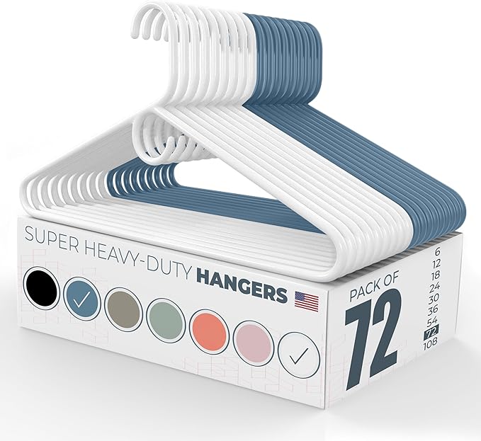 Neaties Super Heavy Duty Clothes Hangers 50+ Pack (72 Count) – Made in the USA - 10lb Capacity, Thick Plastic Hangers for Pants, Coats, Jackets, Jeans and Adult Clothing – White & Blue