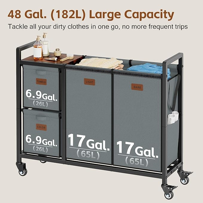 Hoctieon 4 Section Laundry Cart, 48 Gal. (182L) Laundry Hamper with Lid, Laundry Basket with Wheels, Rolling Laundry Sorter Organizer with Shelf, Clothes Separator with Removable Bags, Gray