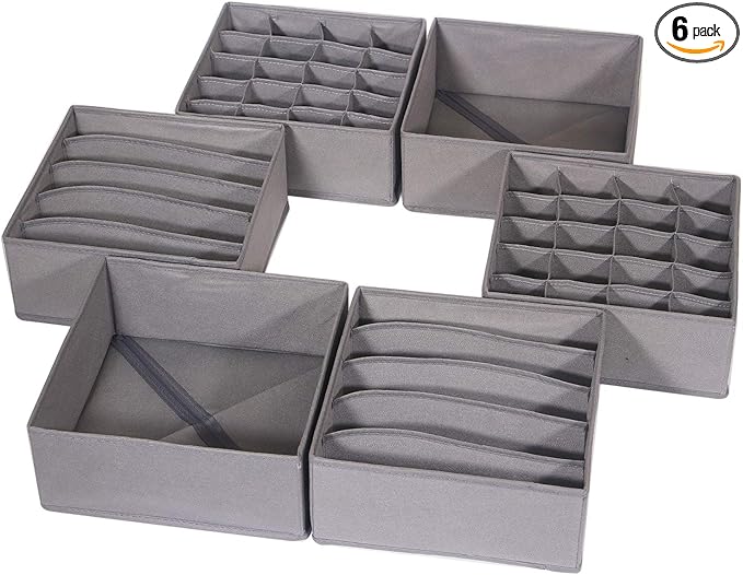 DIOMMELL 6 Pack Foldable Cloth Storage Box Closet Dresser Drawer Organizer Fabric Baskets Bins Containers Divider for Clothes Underwear Bras Socks Lingerie Clothing, M Grey 22-2000