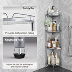ELYKEN Corner Shower Caddy Standing, 4 Tier Rustproof Metal Shower Organizer with Soap Holder, Floor Shower Corner Shelf Rack Storage Stands with Adjustable Feet & 2 Hooks for Bathroom, Silver