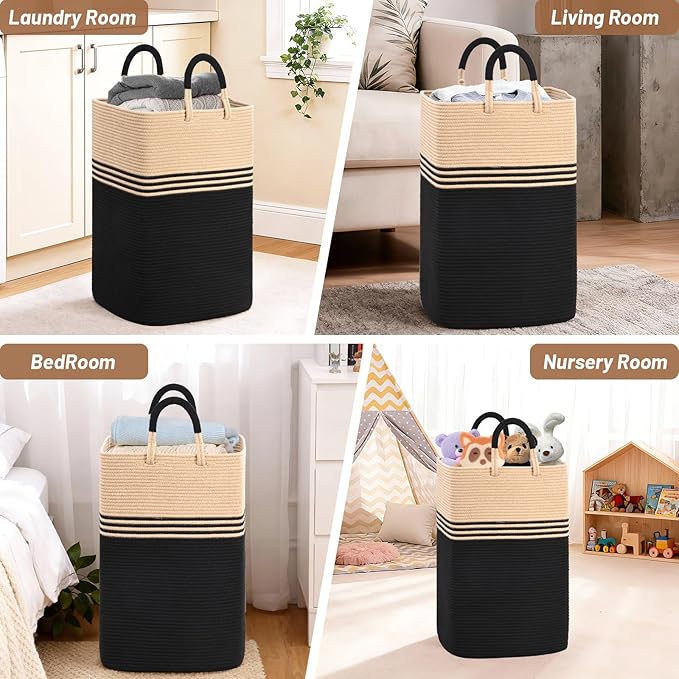 Laundry Basket Hamper,Blanket Storage,Dirty Clothes Hamper with Swivel Handles,Woven Cotton Rope Toy Baskets,Blanket Basket Living Room,Decorative Hampers for Nursery,Bedroom,Brown & Black,80L