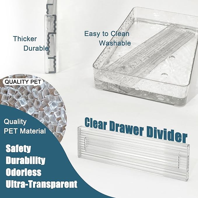 8 Pack Clear Drawer Dividers - 3.1'' Height, 11-19'' Adjustable Drawer Separators, Expandable Dresser Organizers in Bedroom, Bathroom, Closet, Clothing, Office, Kitchen Storage