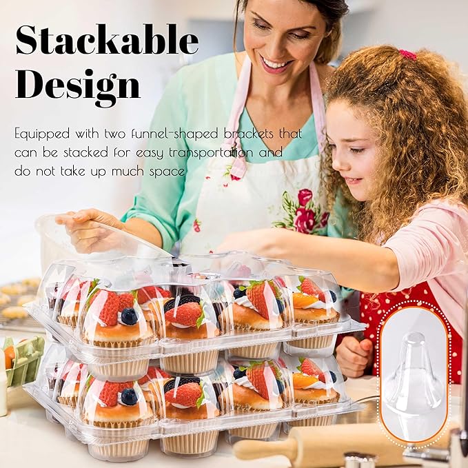12 Count Cupcake Containers 12 Pack Cupcake Holders Plastic Stackable Cupcake Boxes with Detachable Tall Dome Lids and 144 Liners for 144 Cupcakes, BPA Free, Standard Size