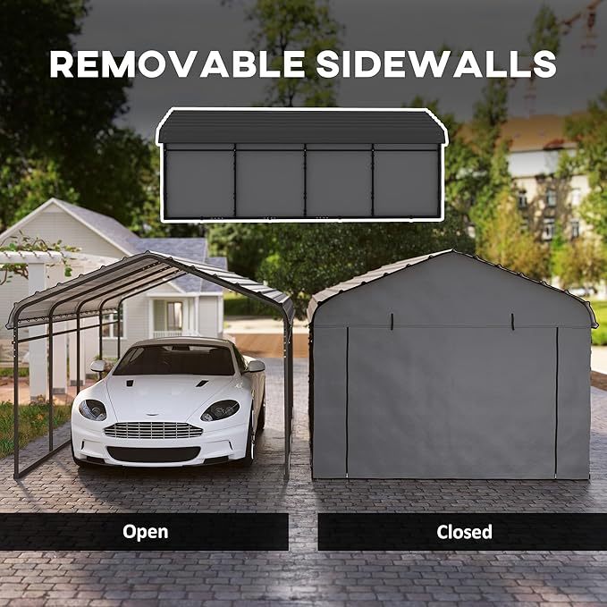 Outsunny 12' x 20' Heavy Duty Metal Carport, Waterproof Garage Car Canopy Shelter with Galvanized Metal Roof and Removable Sidewalls for Cars, Boats, Tractors, Dark Gray