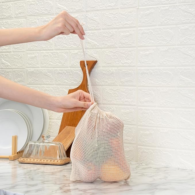 Premium Organic Reusable Mesh Produce Bags, Pack of 6(2L+2M+2S) Washable, Durable, Double Stitched Produce Bags for Vegetables storage, Machine Washable - Beige