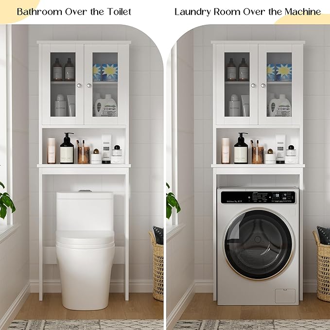 Nuturelly Over The Toilet Storage Cabinet, Bathroom Storage Organizer with Adjustable Shelves and Double Glass Doors, Freestanding Above Toilet Storage with Open Shelf, Wooden Toilet Rack(White)