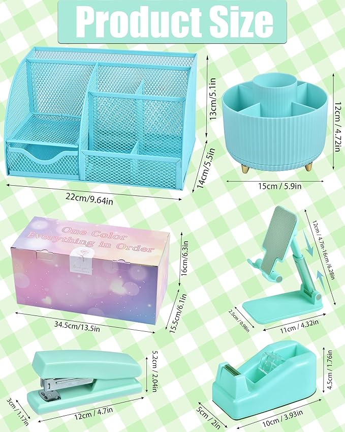 21Pcs Green and Blue Desk Organizers and Accessories With Mesh Desk Organizer and 360°Rotating Pen Holder and a Lot of Office Green Office Supplies Beautifully Presented in a Gift Box