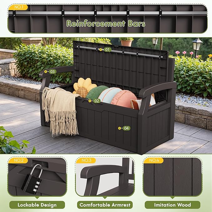 Greesum 80 Gallon Storage Bench Outdoor Deck Box with Armrest, Patio Furniture,Lockable, Waterproof and UV Resistant, Suitable for Garden, Pool, Brown