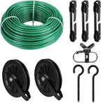 Outdoor Clothesline Kit, 150ft Green PVC Coated Galvanized Clothes Line Pulley Kit with 6.3" Clothesline Pulley, M8 Metal Hooks, 3Pcs Separator, Outdoor Clothes Line Heavy Duty