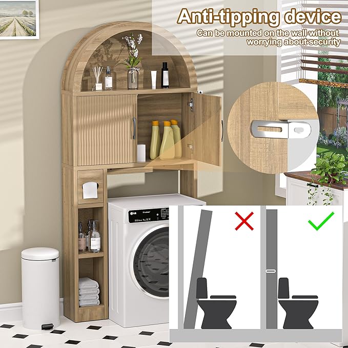 AHB Over The Toilet Storage Cabinet, Freestanding Bathroom Organizer with Adjustable Shelf and Anti-Tip Device, Arched Cabinet with Doors, Space-Saving Toilet Storage for Bathroom, Laundry, Mini Bar