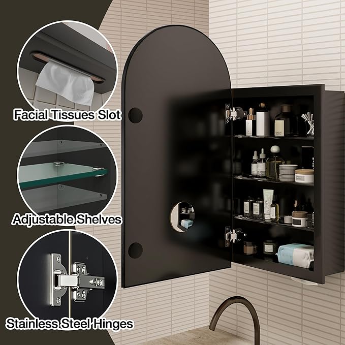 Arched Medicine Cabinet Mirror No Assembly Needed Bathroom Mirror with Storage Recessed or Surface Mount Options (Black, 29.5" L x 15.8" W)