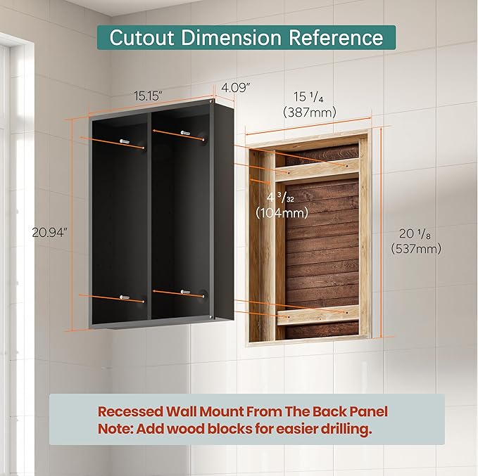 Modern Bathroom Mirror with Storage 16x24 Inch, Matte Black Aluminum Medicine Cabinet, Recessed or Surface Mount, 6 Adjustable Glass Shelves, Waterproof Vanity Organizer, DTC Hinges