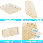 Desk Organizer, 5-Tier Paper Letter Tray Organizer with File Holder, Drawer and Pen Holder, Desktop Organizer for Office Supplies, Gold