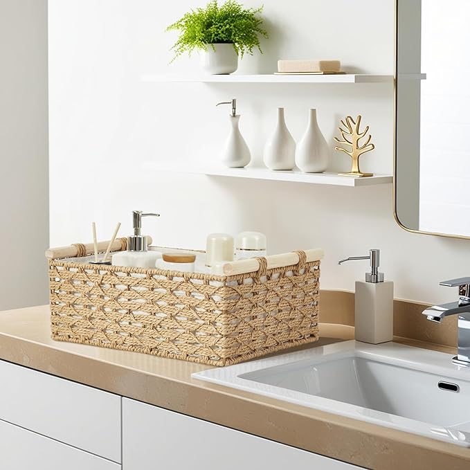 DECOMOMO Paper Rope Wicker Storage Basket, Back of Toilet Basket, Bathroom Organizer, Toilet Tank Tray, Countertop, Home Decor (Beige, Set of 2)