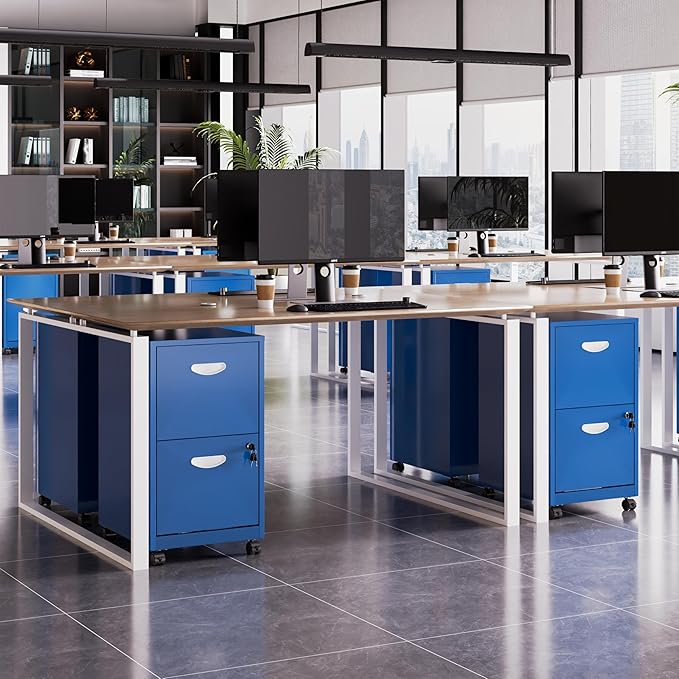 2 Drawer File Cabinet with Lock, Small Rolling Filing Cabinet for Home Office, Metal Mobile File Cabinets on Wheels, Blue Office Cabinets for Letter Size Folders - Assembly Required
