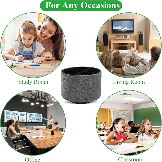 lizimandu Round Leather Art Supply Organizer,Remote Control Holder,360 Degree Spinning,Multi-Functional Pencil Holder,4 Compartments Desktop Stationary Organizer(1-Carved Black)