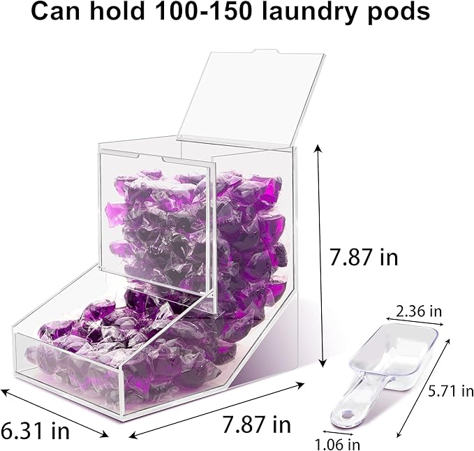 Laundry Pods Container with Spoon, Acrylic Candy Dispenser with 2 Lid, Dishwasher Pod Holder, Laundry Detergent Container, Laundry Organization for Laundry Room, kitchen, Office Used- Stand, 1pcs