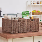 Vagusicc Wicker Storage Basket, Set of 2 Hand-Woven Paper Rope Wicker Basket, Small Storage Baskets for Organizing Toilet Paper, Foldable Large Cube Storage Organizer Baskets Bin for Shelves (Brown)