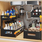 2-Pack 17"Deep Under Sink Organizer And Storage, 2-Tier L-Shaped Pull Out Cabinet Organizer with Upgraded Slide Rails, Height Adjustable Drawers for Kitchen&Bathroom, Extra-Large Storage Shelves–Black